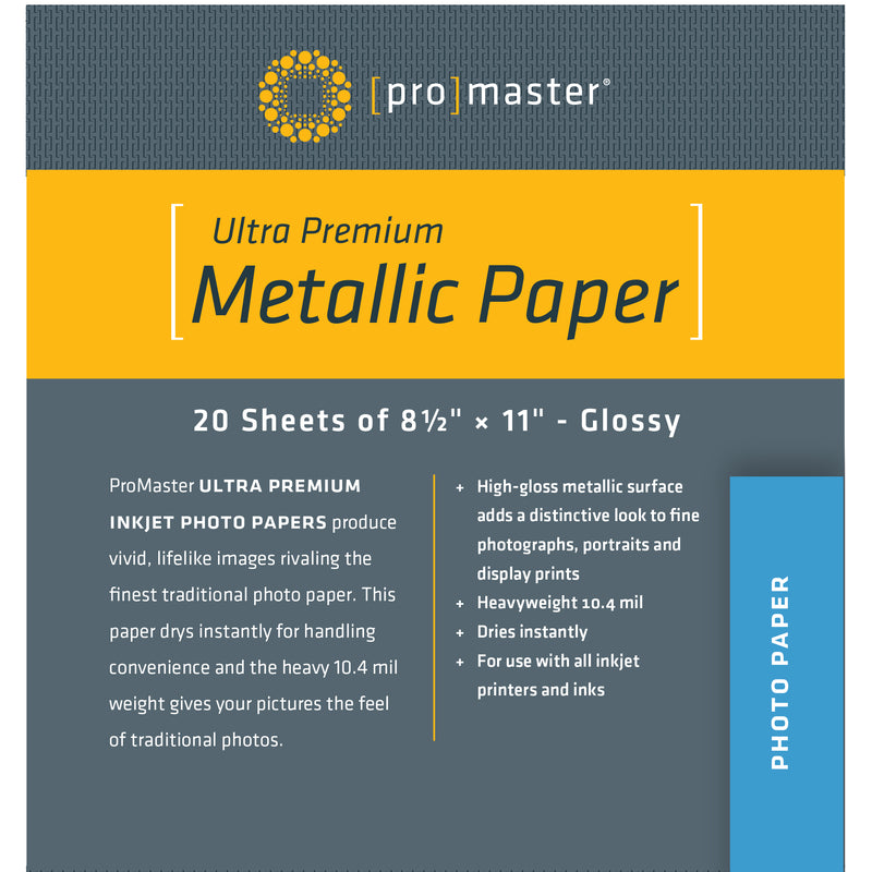 Papel Ultra Premium Metálico Brillante - 8 1/2"x11" - 20 hojas,Papel de fotografía,PROMASTER,Papel Ultra Premium Metálico Brillante - 8 1/2"x11" - 20 hojas